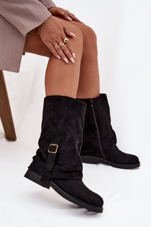 Botins pretos femininos com fivelas até a metade da panturrilha Minelle