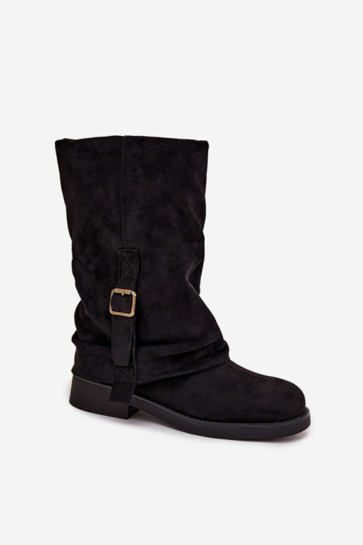 Botins pretos femininos com fivelas até a metade da panturrilha Minelle