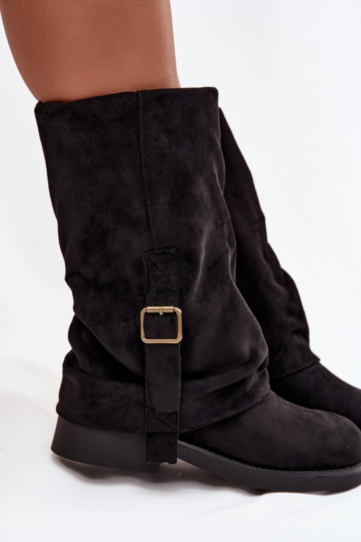 Botins pretos femininos com fivelas até a metade da panturrilha Minelle