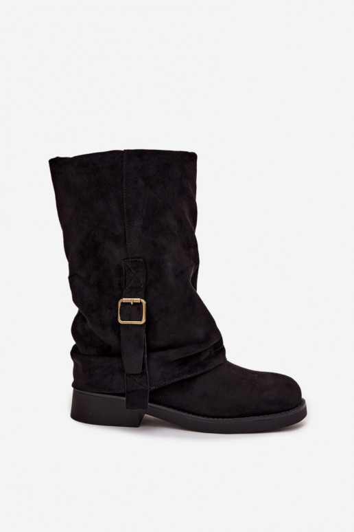 Botins pretos femininos com fivelas até a metade da panturrilha Minelle