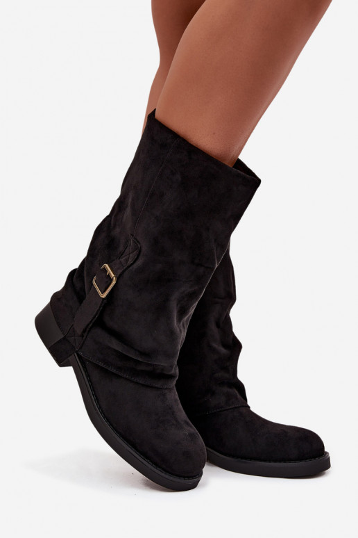 Botins pretos femininos com fivelas até a metade da panturrilha Minelle