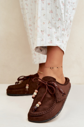 chinelos femininos Mule com pelo cor de chocolate Melia 2