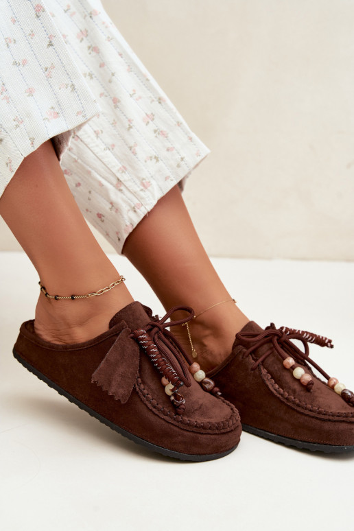 chinelos femininos Mule com pelo cor de chocolate Melia