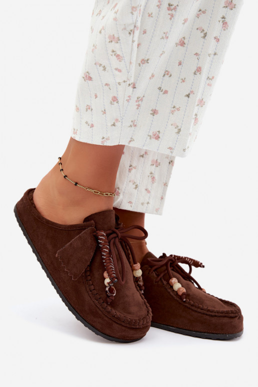chinelos femininos Mule com pelo cor de chocolate Melia
