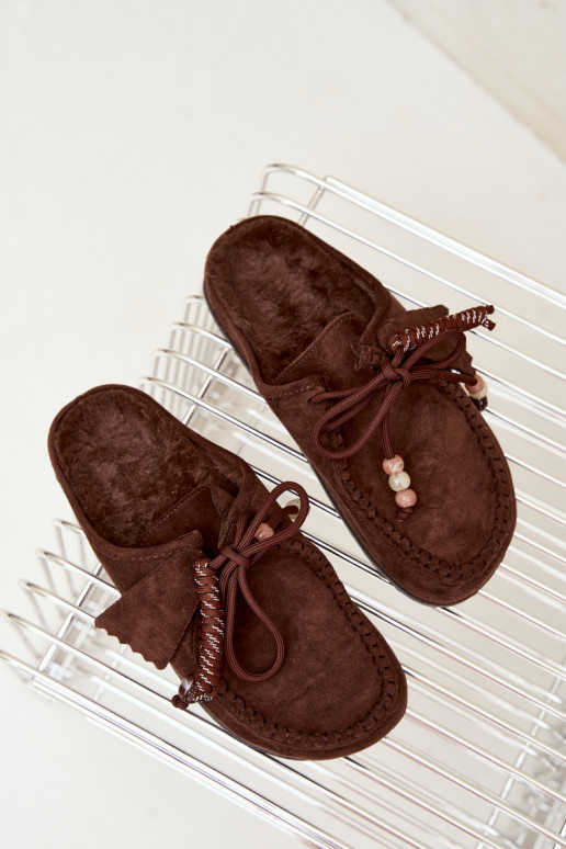 chinelos femininos Mule com pelo cor de chocolate Melia
