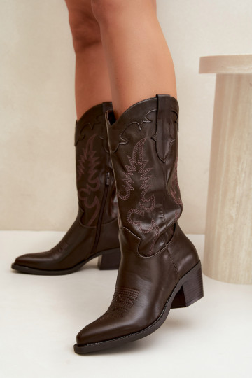 Botas altas de estilo cowboy com saltos em couro sintético chocolate Jarissa