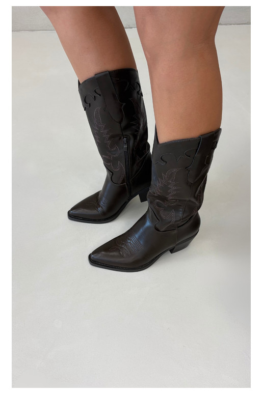 Botas altas de estilo cowboy com saltos em couro sintético chocolate Jarissa