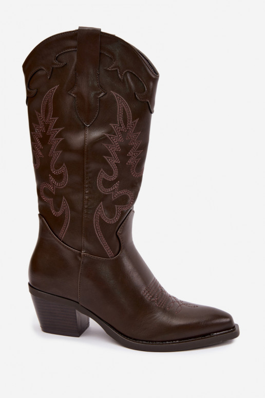 Botas altas de estilo cowboy com saltos em couro sintético chocolate Jarissa