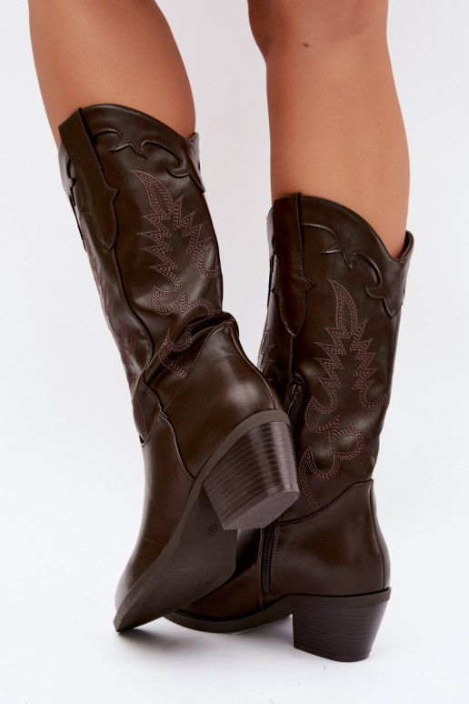 Botas altas de estilo cowboy com saltos em couro sintético chocolate Jarissa