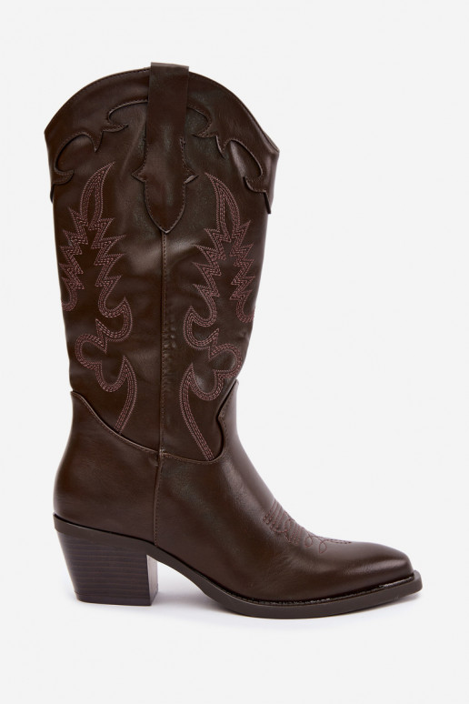 Botas altas de estilo cowboy com saltos em couro sintético chocolate Jarissa