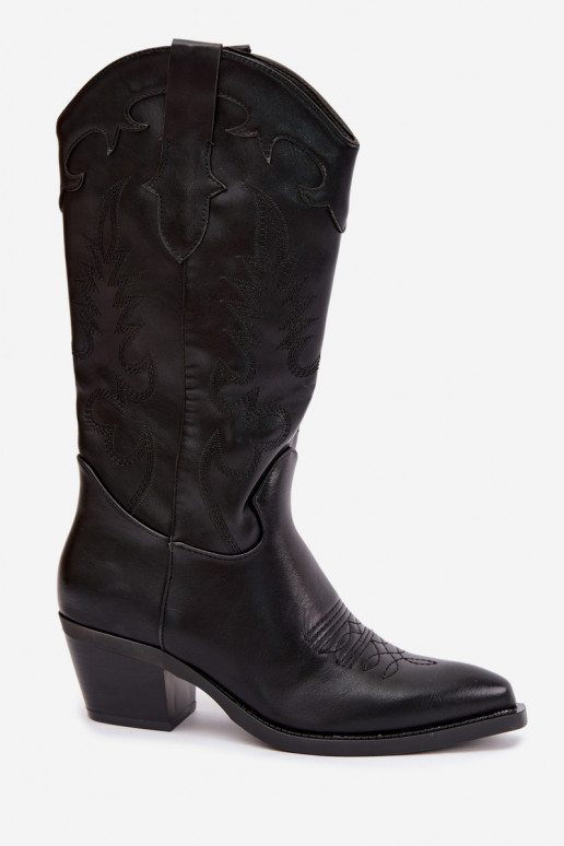 Botas altas de estilo cowboy com saltos em couro sintético preto Jarissa