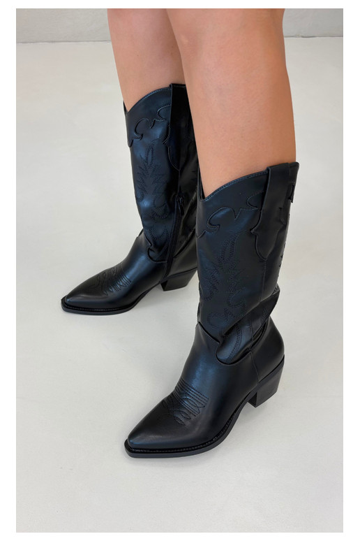 Botas altas de estilo cowboy com saltos em couro sintético preto Jarissa