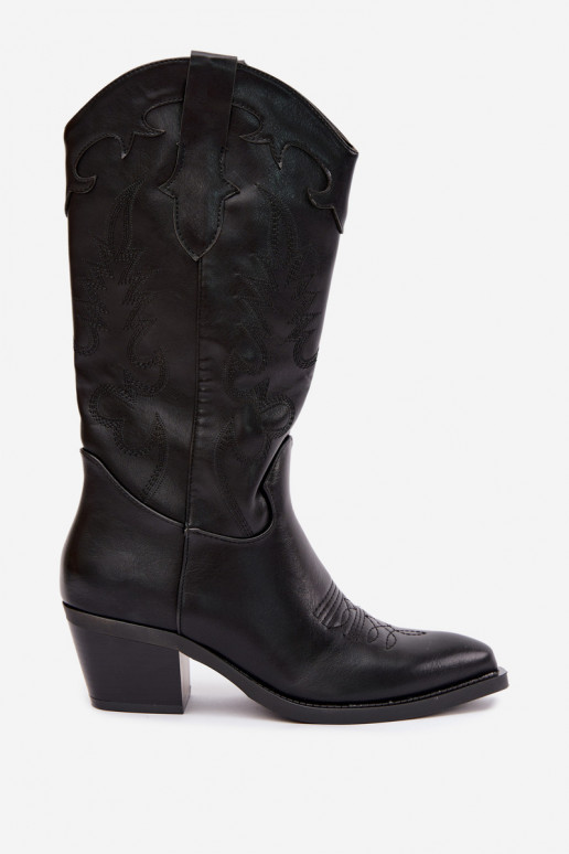Botas altas de estilo cowboy com saltos em couro sintético preto Jarissa