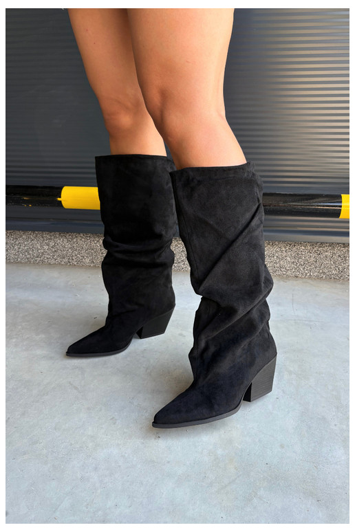 Botas femininas acima do joelho com parte superior curva e saltos em camurça na cor preta Durela