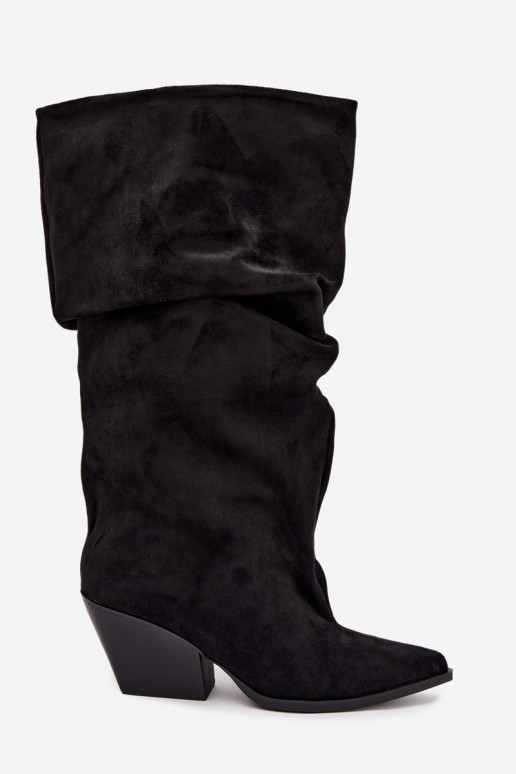Botas femininas acima do joelho com parte superior curva e saltos em camurça na cor preta Durela