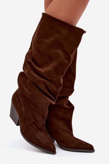 Botas altas femininas com parte superior curva e saltos de camurça, castanho Durela 2