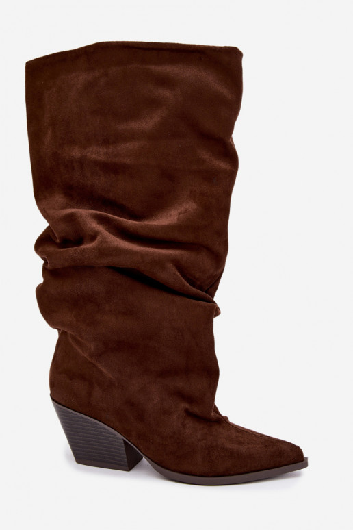 Botas altas femininas com parte superior curva e saltos de camurça, castanho Durela