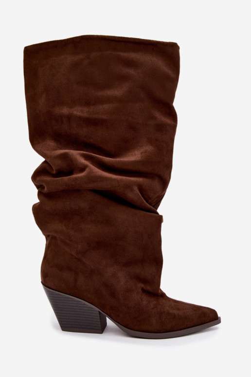 Botas altas femininas com parte superior curva e saltos de camurça, castanho Durela