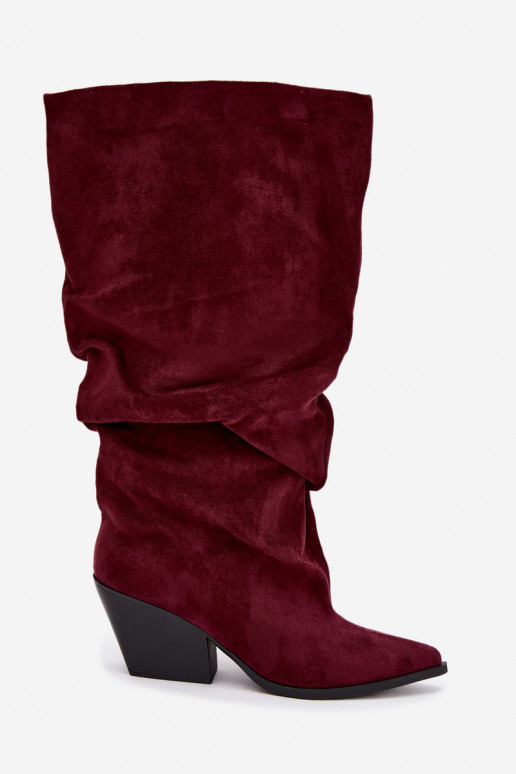 Botas femininas acima do joelho com parte superior curva e saltos em camurça na cor bordô Durela