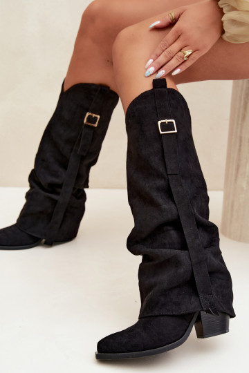 Botas pretas femininas até o joelho com saltos e fivelas Caster