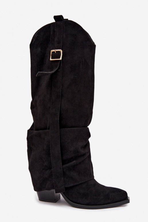 Botas pretas femininas até o joelho com saltos e fivelas Caster
