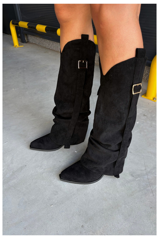 Botas pretas femininas até o joelho com saltos e fivelas Caster