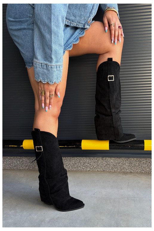 Botas pretas femininas até o joelho com saltos e fivelas Caster