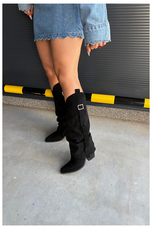 Botas pretas femininas até o joelho com saltos e fivelas Caster