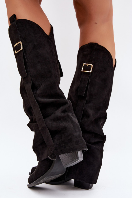 Botas pretas femininas até o joelho com saltos e fivelas Caster
