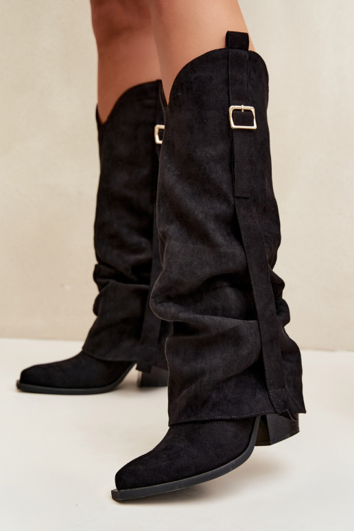 Botas pretas femininas até o joelho com saltos e fivelas Caster