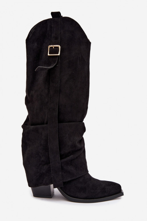 Botas pretas femininas até o joelho com saltos e fivelas Caster