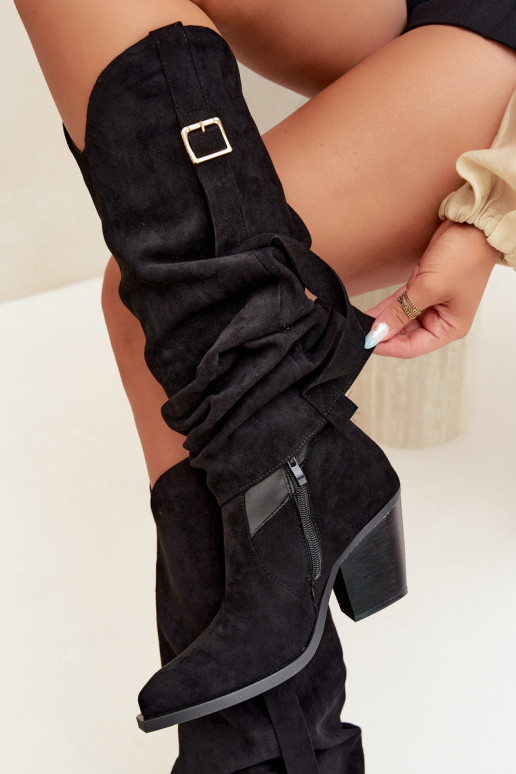 Botas pretas femininas até o joelho com saltos e fivelas Caster