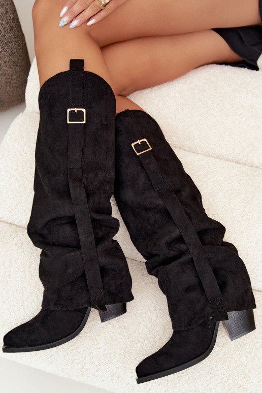 Botas pretas femininas até o joelho com saltos e fivelas Caster