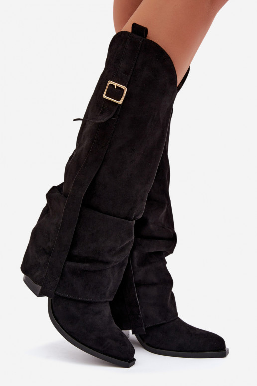 Botas pretas femininas até o joelho com saltos e fivelas Caster