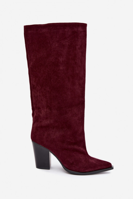 Botas femininas de cano alto slip-on com salto em camurça sintética cor bordô Carmina