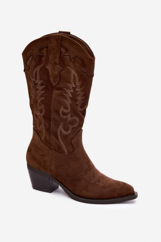 Botas femininas cowboy de cano alto com salto em cor chocolate Betina