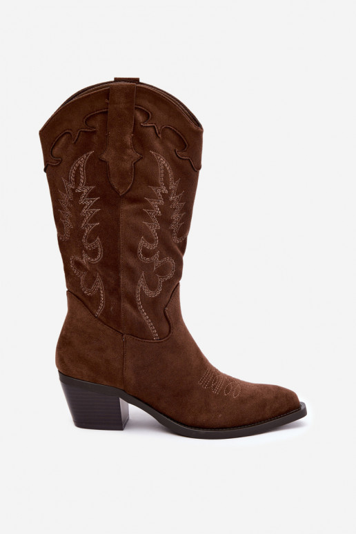 Botas femininas cowboy de cano alto com salto em cor chocolate Betina