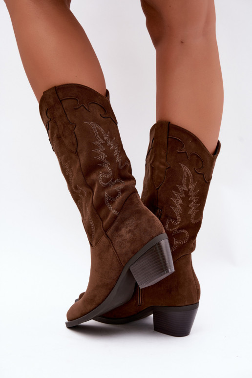 Botas femininas cowboy de cano alto com salto em cor chocolate Betina