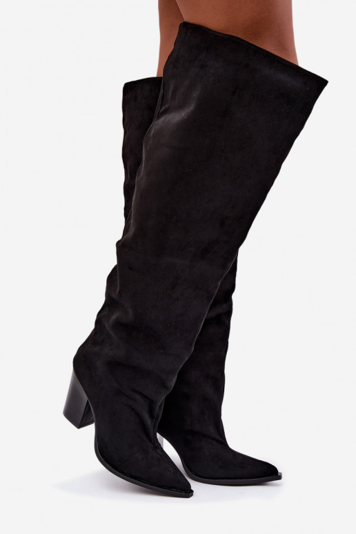Botas pretas femininas até o joelho com saltos Anica