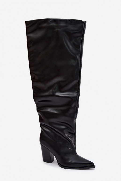 Botas femininas altas com salto em estilo slip-on em couro sintético preto Anica