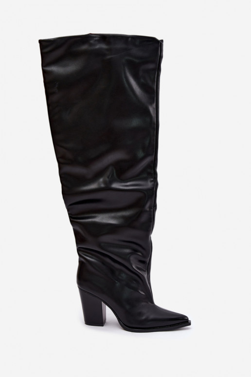 Botas femininas altas com salto em estilo slip-on em couro sintético preto Anica
