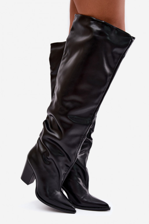 Botas femininas altas com salto em estilo slip-on em couro sintético preto Anica
