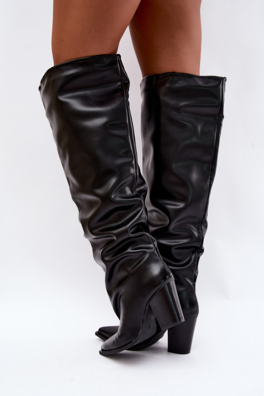 Botas femininas altas com salto em estilo slip-on em couro sintético preto Anica