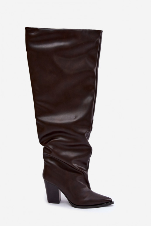 Botas femininas altas com salto em estilo slip-on em couro sintético chocolate Anica