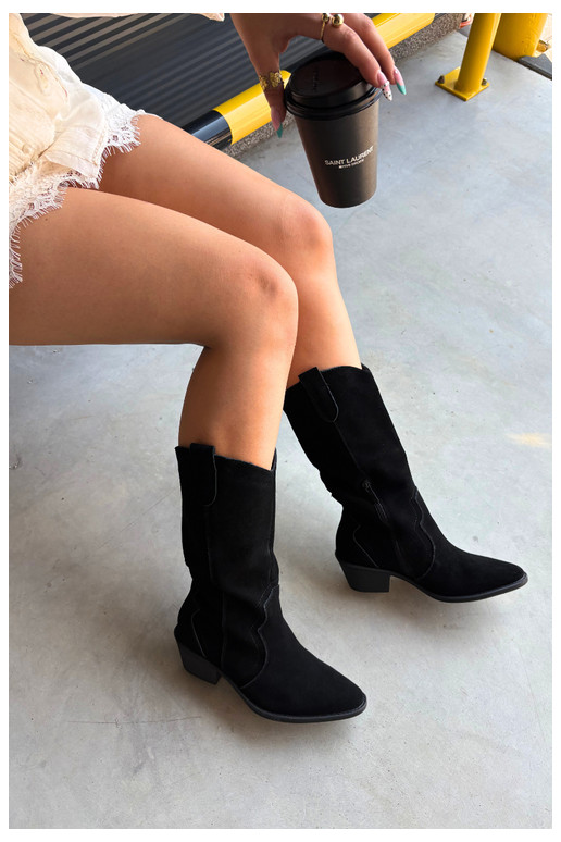 Botas altas estilo cowboy em camurça natural com isolamento e salto na cor preta Radley