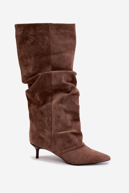 Botas caqui amassadas até o joelho com salto kitten de camurça LoĮen