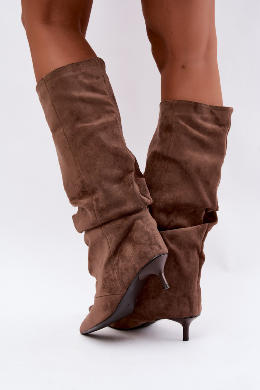 Botas caqui amassadas até o joelho com salto kitten de camurça LoĮen