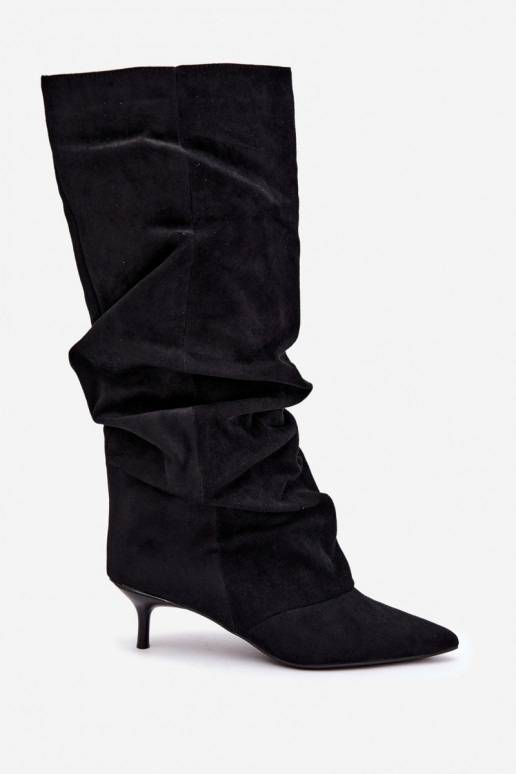 Botas pretas amassadas até o joelho com salto kitten de camurça LoĮen