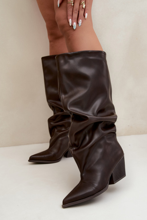 Um modelo atraente botas com salto Ze Szpiczastym Noskiem de couro ecológico CzekoladoParae Blenia