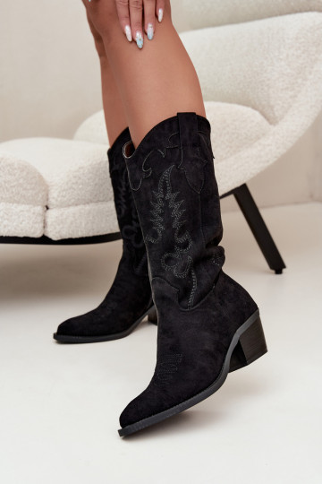 Botas pretas de camurça sintética estilo cowboy com saltos Jarissa